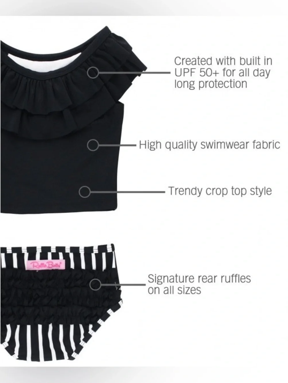 NWT Rufflebutts Baby Girl Black & White Stripe Ruffled Tankini, Size: 3-6M
